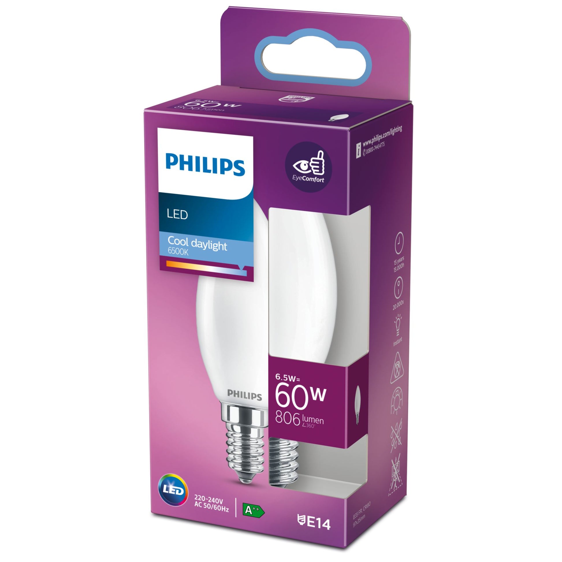 Philips by Signify Philips Leuchtmittel E14 Kerze – Kaltweiss 6500 K, 806 lm, 6,5 W – 1 Stk., Weiss, Glas