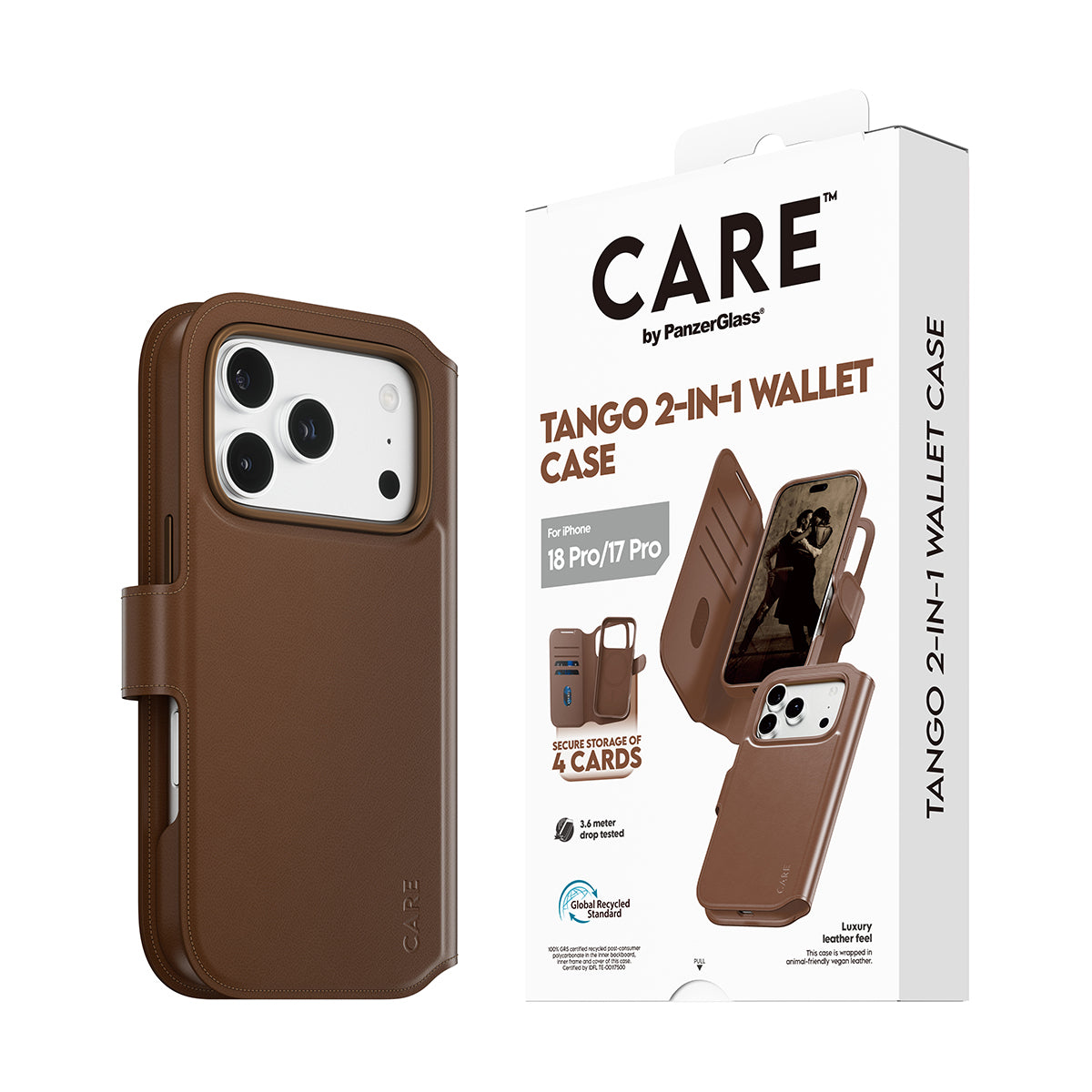 PanzerGlass CARE Tango Wallethülle – für Apple iPhone 18 Pro/17 Pro, MagSafe, Recycling-Kunststoff, Braun