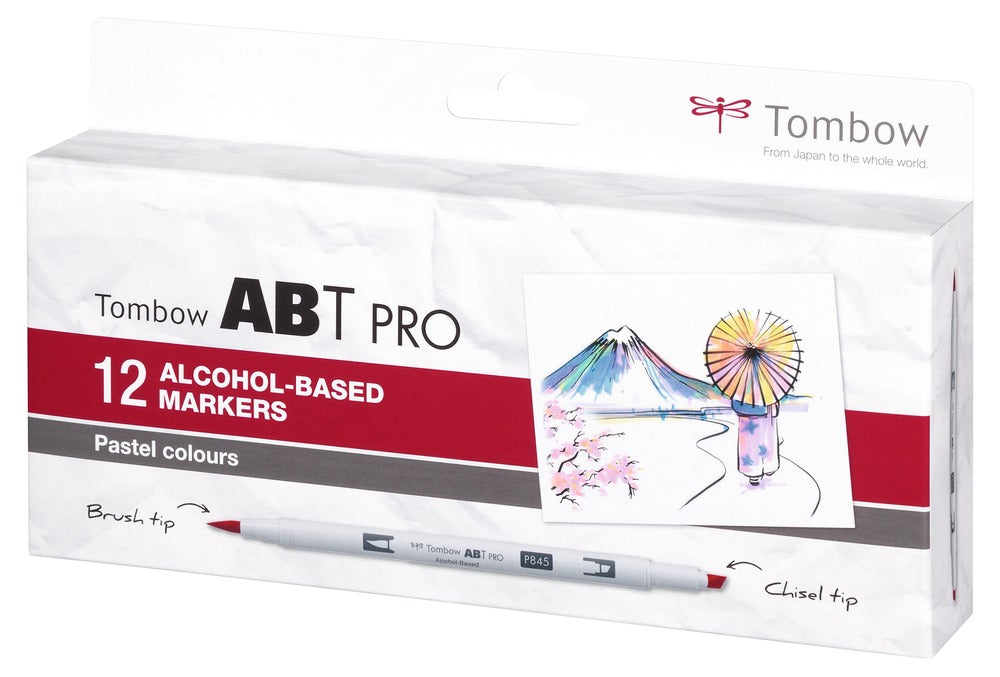 Tombow ABT PRO Permanentmarker – Pinsel- & Keilspitze 0,5–5,5 mm – Pastellfarben – 12er-Set