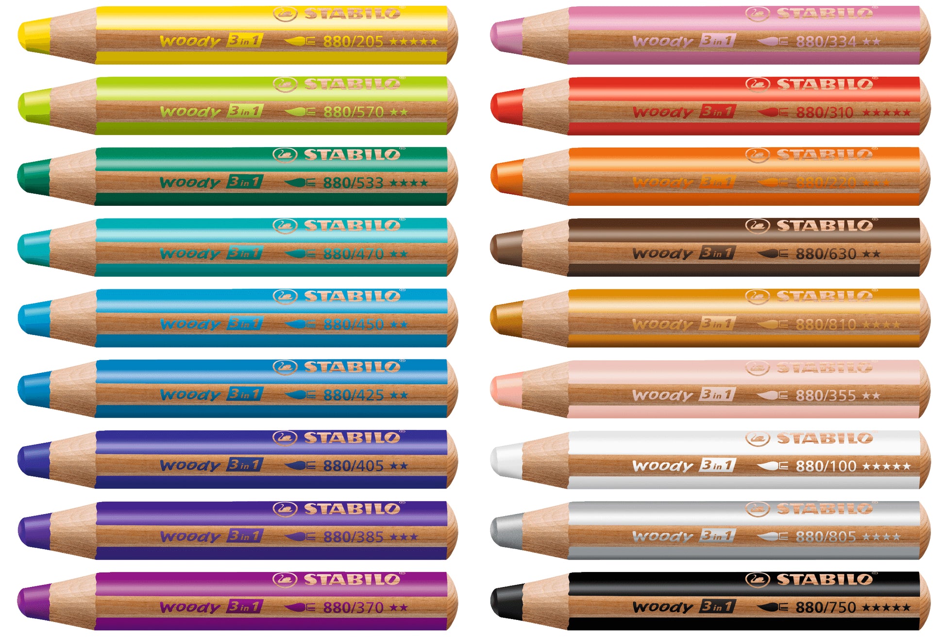 STABILO Woody 3 in 1 Mehrfarbenstift, mehrfarbig, 18er-Etui – mit Pinsel, bruchfeste Mine, Ø 10 mm