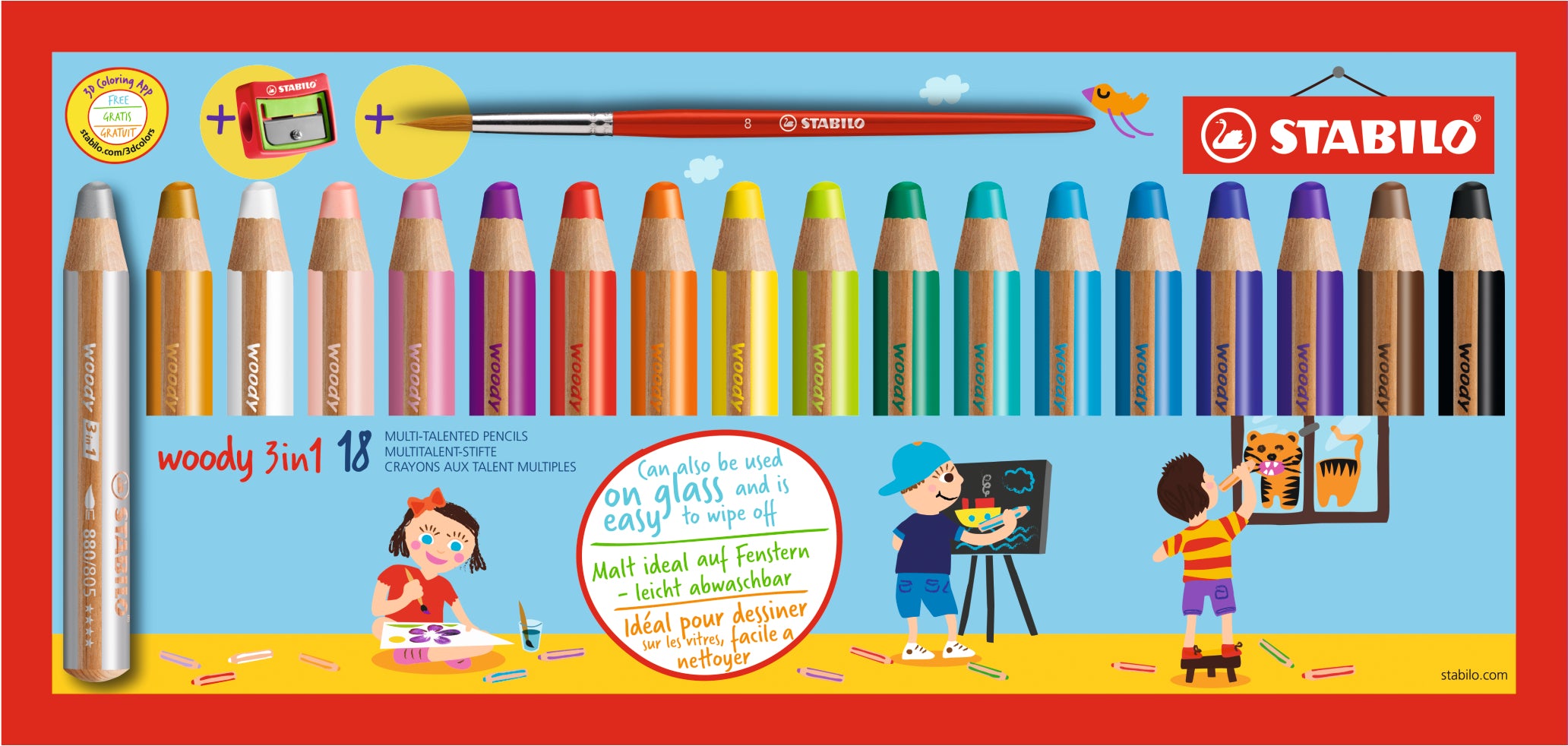 STABILO Woody 3 in 1 Mehrfarbenstift, mehrfarbig, 18er-Etui – mit Pinsel, bruchfeste Mine, Ø 10 mm
