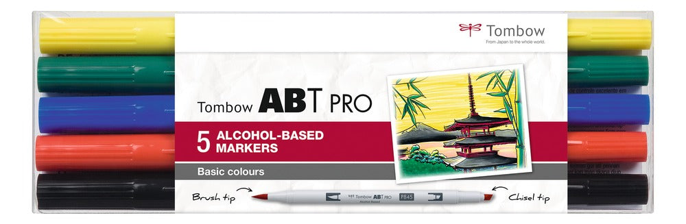 Tombow ABT PRO Permanentmarker – Doppeltspitze 0,5–5,5 mm – Basic Colors, 5er-Set