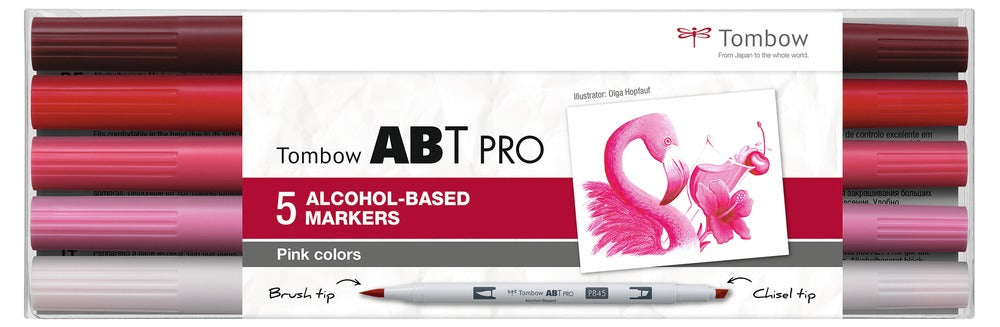 Tombow ABT PRO Brush Pen, Doppelspitze – Pinselspitze + Keilspitze, 0,5–5,5 mm, alkoholbasiert, 5 Farben