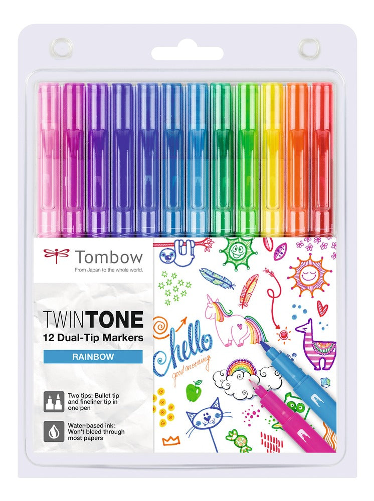 Tombow TwinTone Filzstift, Doppelspitze – Kombi (Rund + Fein), 0,3–0,8 mm, wasserbasiert, 12 Farben