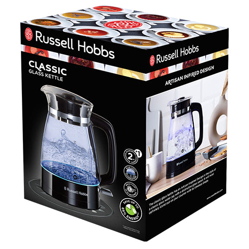 Russell Hobbs Wasserkocher Classic Glass – 1,7 l, Glas, 2400 W, Schwarz, 360°-Sockel