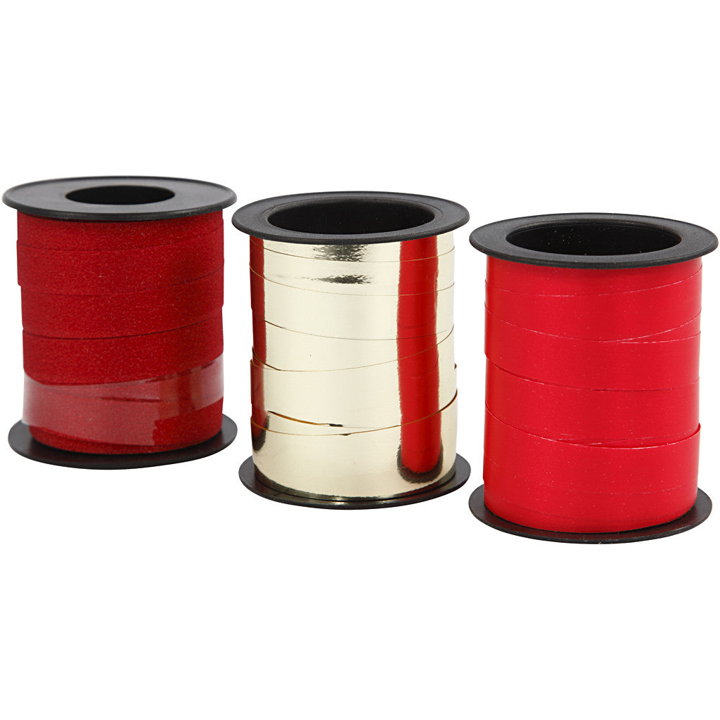 Creativ Company Geschenkband, Kräuselband, glitzernd, Gold/Rot, 10 mm × 15 m, 3 Stk.