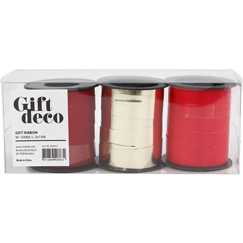 Creativ Company Geschenkband, Kräuselband, glitzernd, Gold/Rot, 10 mm × 15 m, 3 Stk.