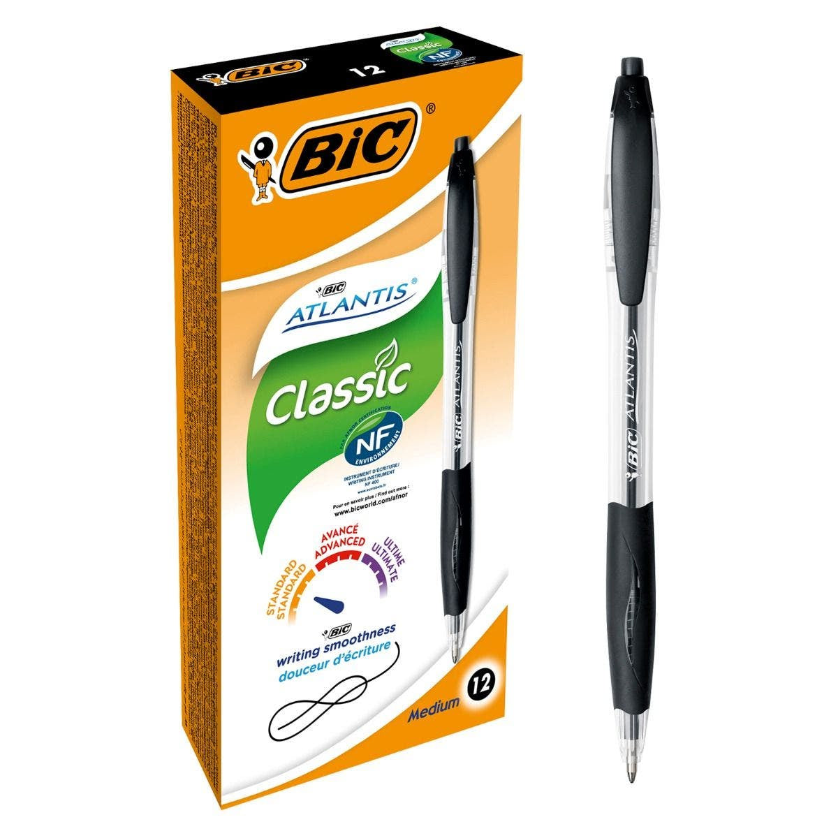 BIC Atlantis Classic Kugelschreiber – 12er Pack, Schwarz, Spitze 0,32 mm, Druck