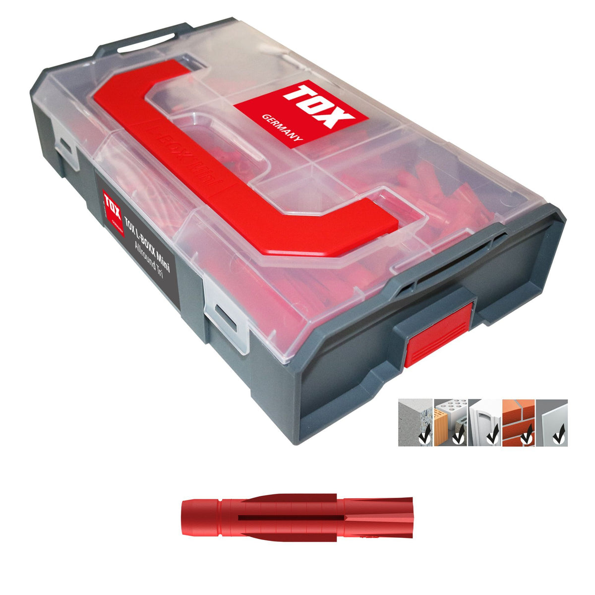 TOX Dübel TOX L-Boxx Mini Allround Tri Dübel – Ø 6 × 26 mm, Rot, 266 Stk., für Beton, Gipskarton, Stein