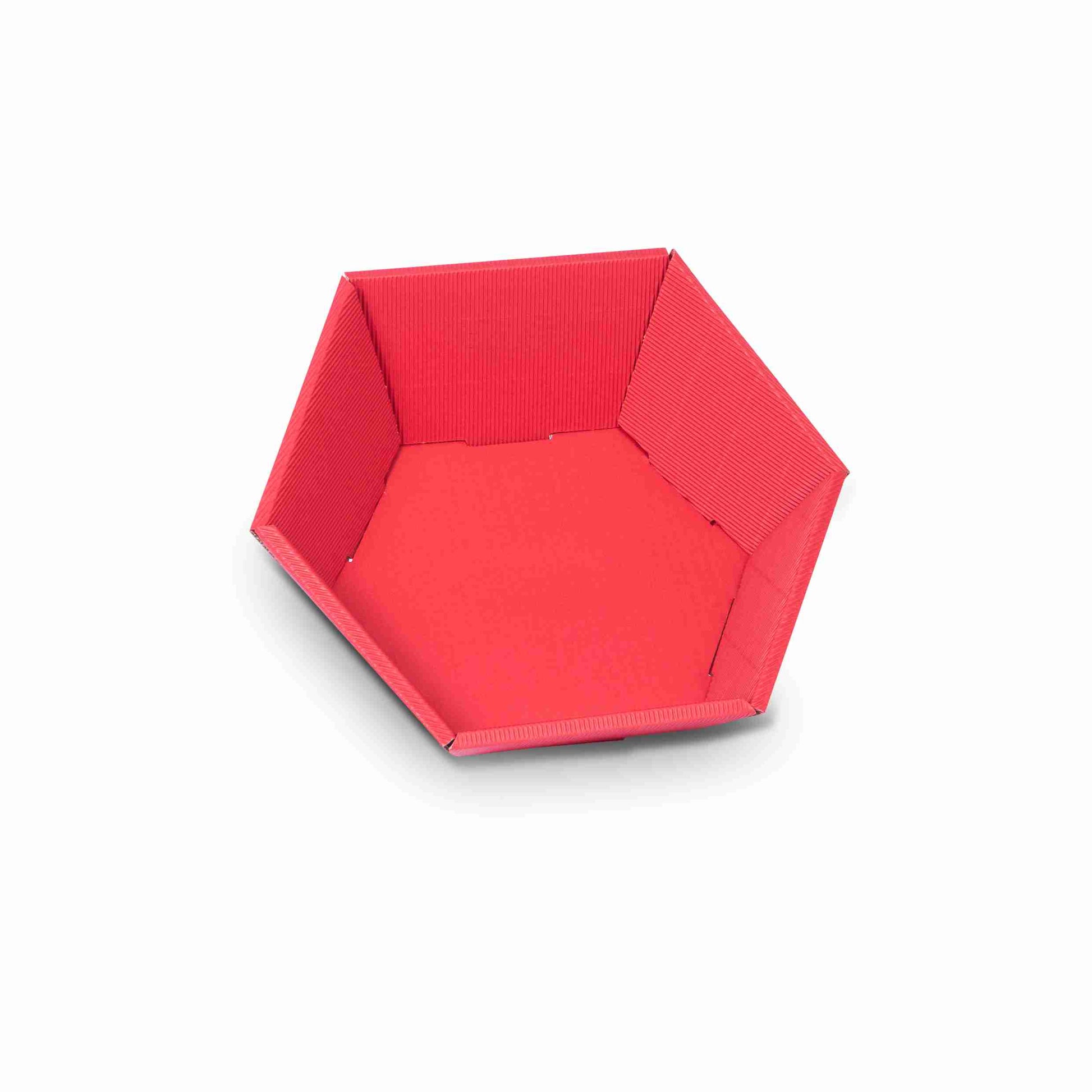 Model Geschenkkorb sechseckig, Wellkarton, rot – 290 × 60 × 270 mm – offene Welle, selbstschliessend – 1 Stk., ab 50 Stk.