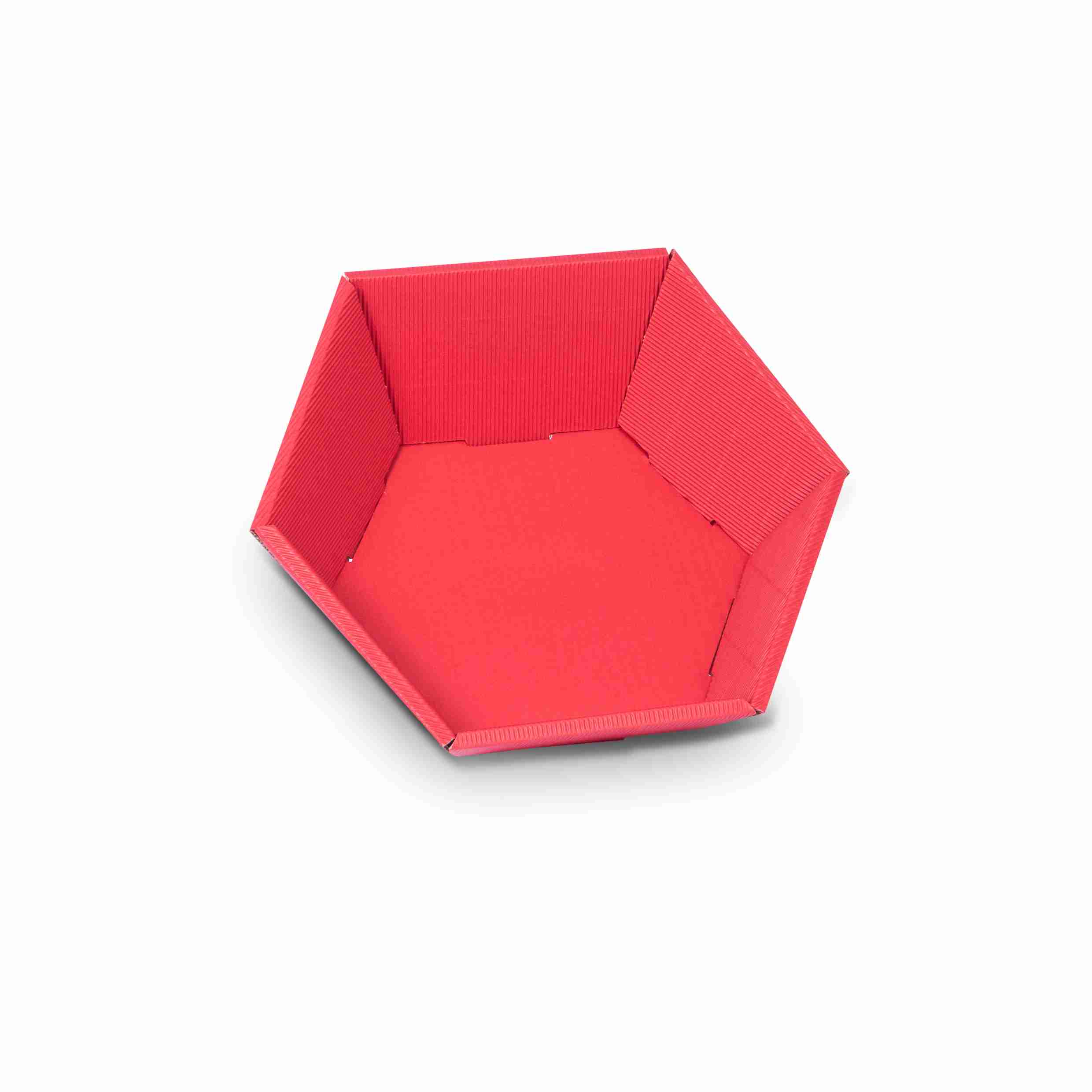 Model Geschenkkorb sechseckig, Wellkarton, rot – 290 × 60 × 270 mm – offene Welle, selbstschliessend – 1 Stk., ab 50 Stk.