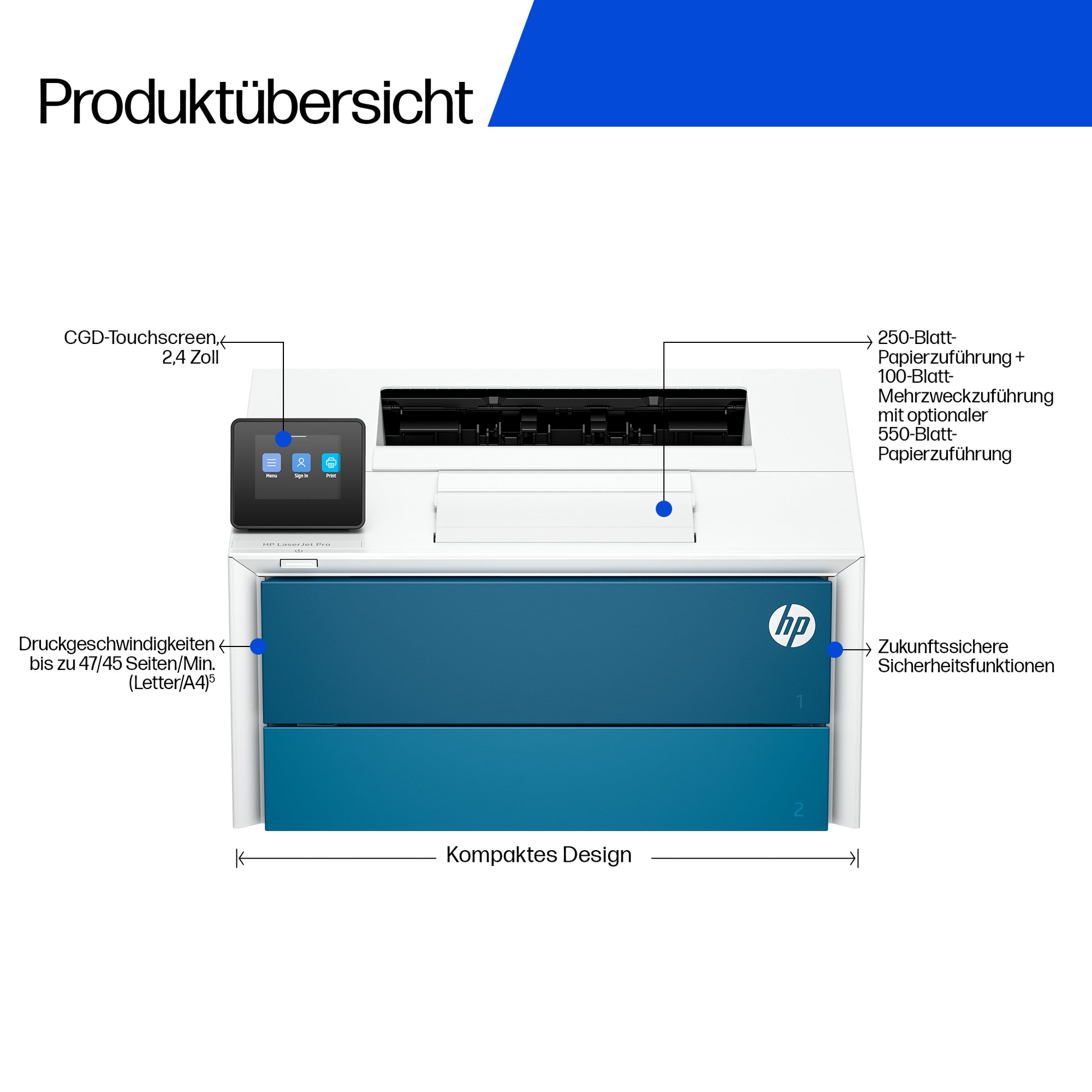 HP LaserJet Pro 4007dn – Schwarz-Weiss, A4, Duplex, WLAN, LAN, USB, 45 Seiten pro Minute