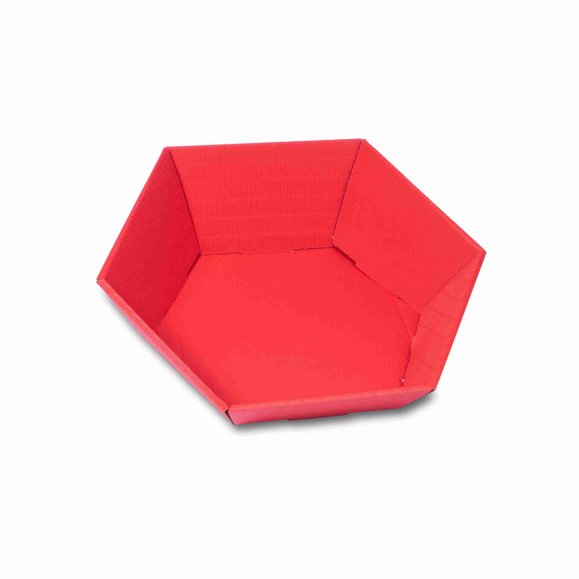 Model Sechseckiger Geschenkkorb – Rot – Wellkarton, offene Welle – 380 × 340 × 130 mm – 400 Stk.