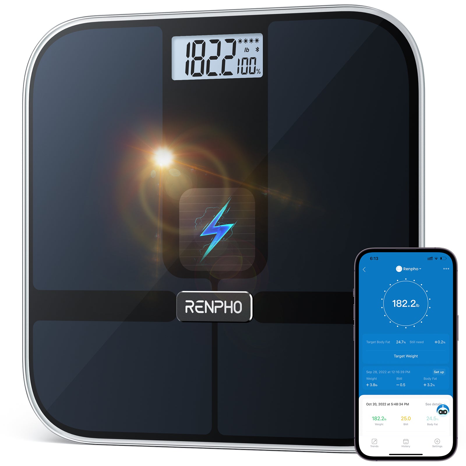 Renpho Digitale Personenwaage Elis Solar 2 – WLAN, Bluetooth, iOS/Android – 180 kg – Schwarz