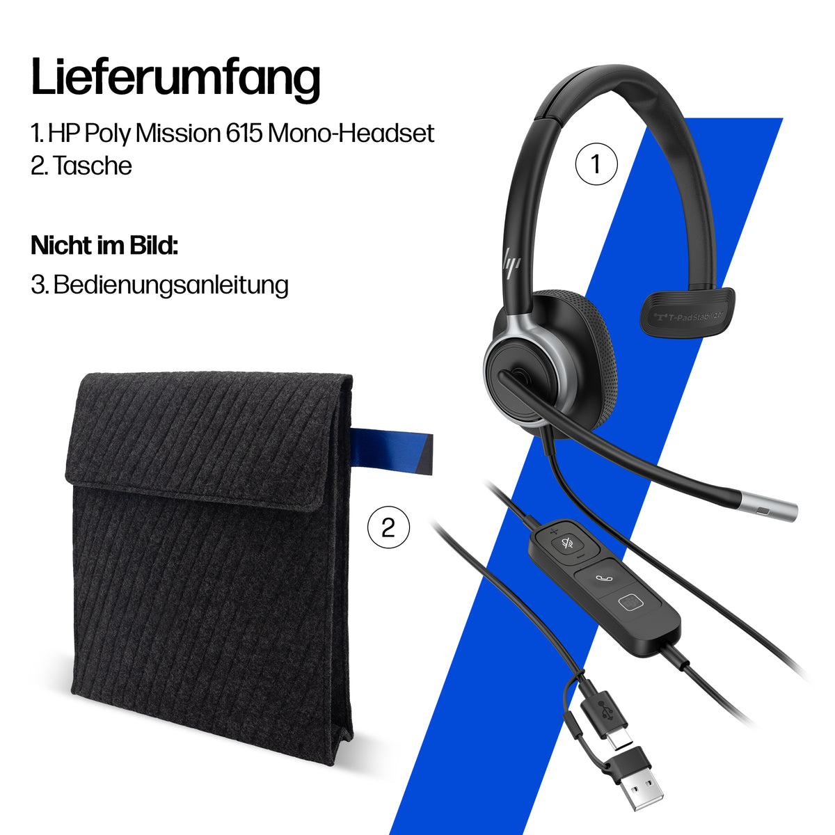 HP Poly Mission 625 Office-Headset – On-Ear, Stereo, USB-C, Schwarz