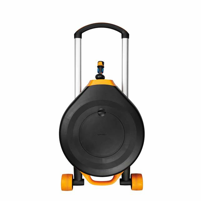 Fiskars Schlauchtrommel 27 m – mit Rädern, 360° drehbar, schwarz/orange, B 600 × H 270 × T 500 mm