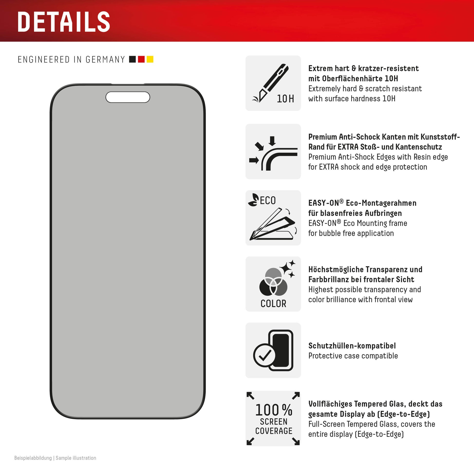 Displex Privacy-Filter (Panzerglas), Full Cover – für iPhone 16 Pro Max – mit Applikator