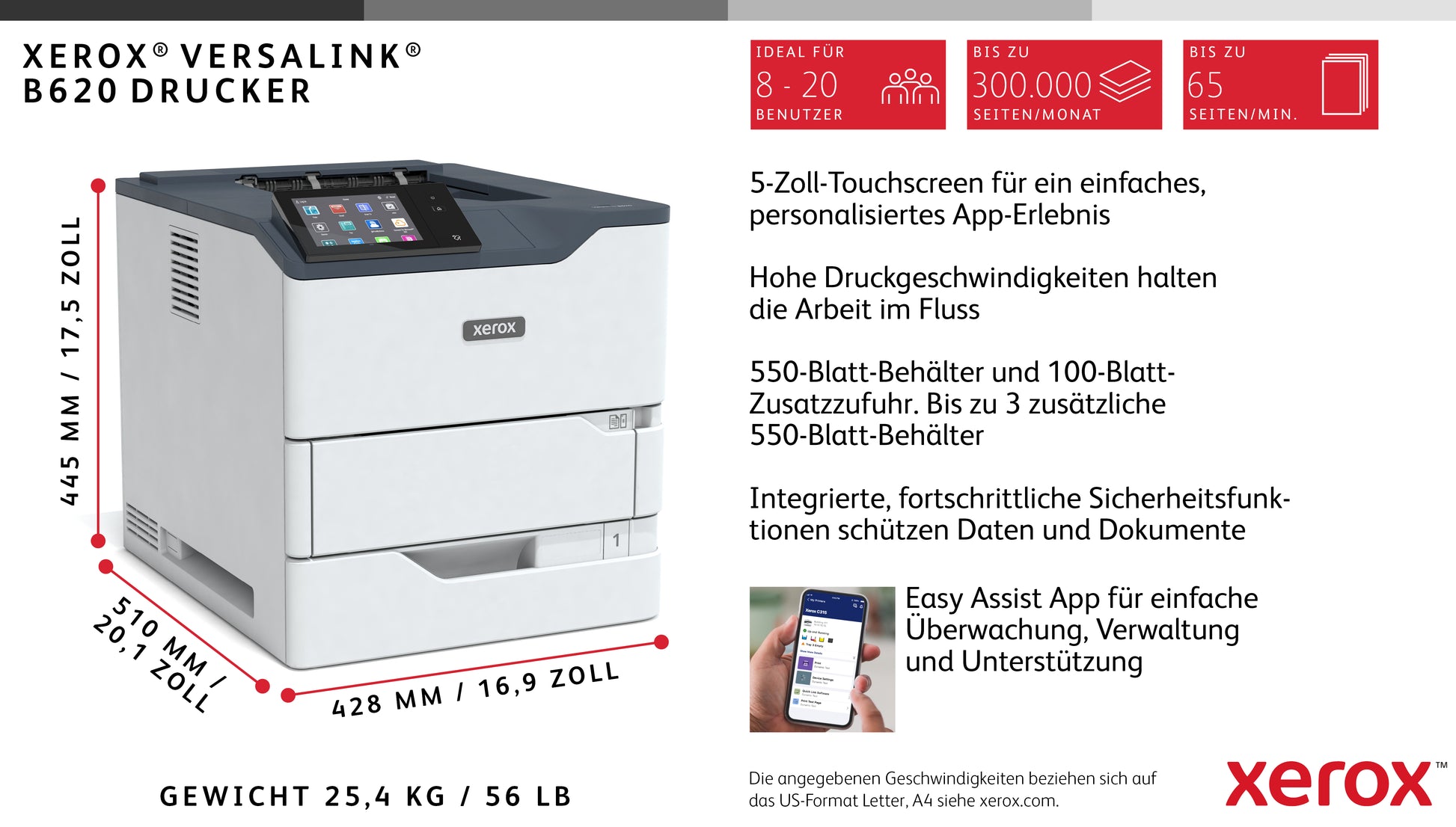 Xerox VersaLink B620 – A4, 61 Seiten/Min., 1200 × 1200 dpi, USB
