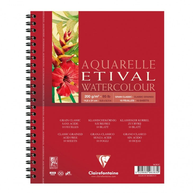 Clairefontaine ETIVAL Aquarellblock – A5 – 200 g/m² – Spiralbindung – 10 Blatt