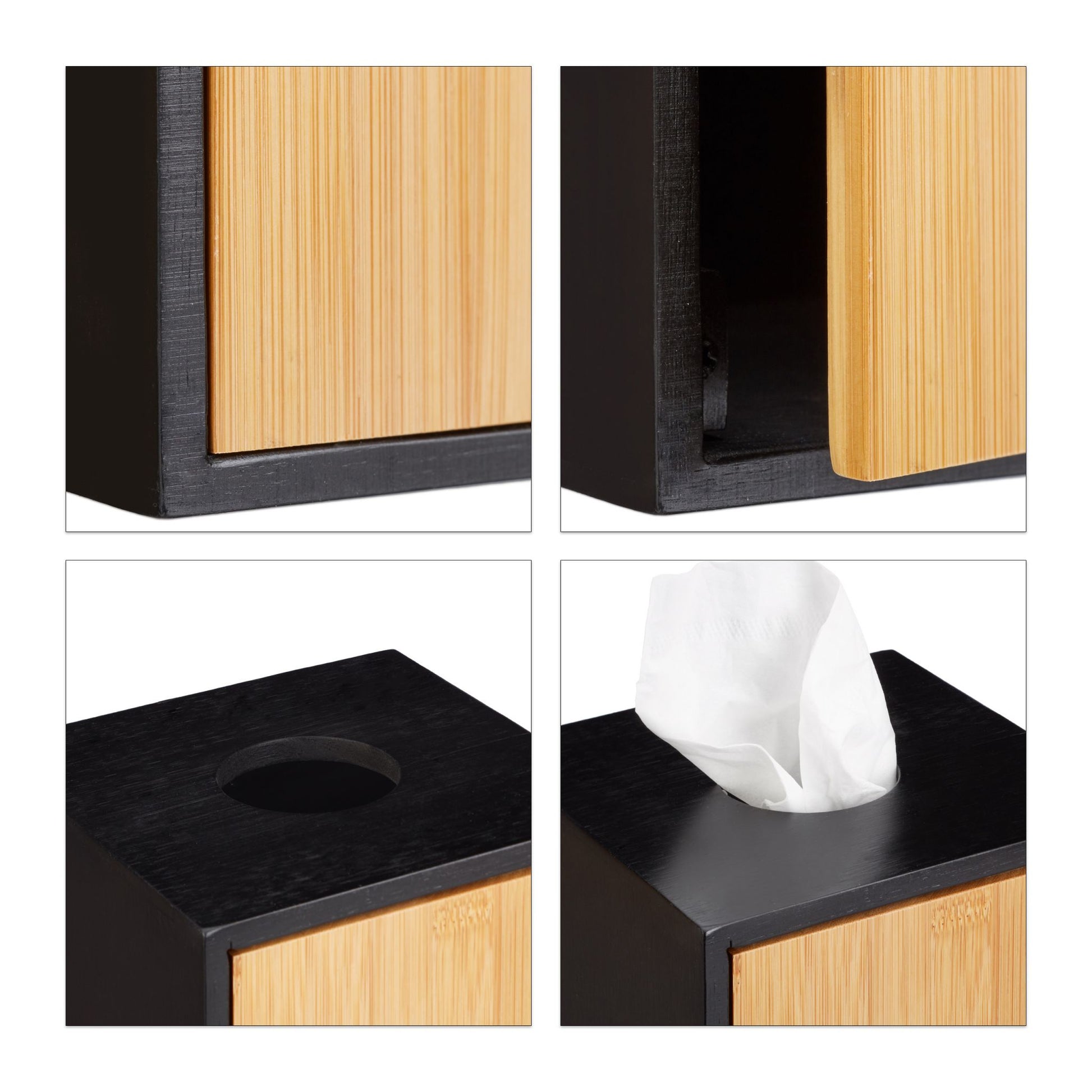 Relaxdays Kosmetiktuchbox – Tisch, Bambus, 14,5×14,5×14,5 cm, Schwarz