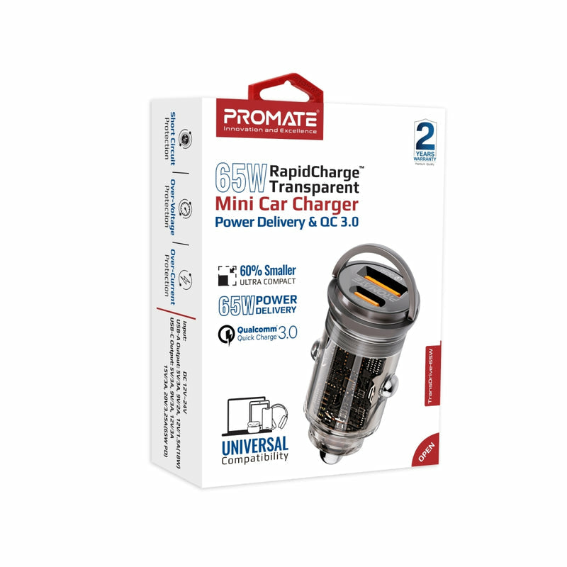 Promate Kfz-Ladegerät, 65 W, USB-C, USB-A, PD 3.0 – universal – Transparent