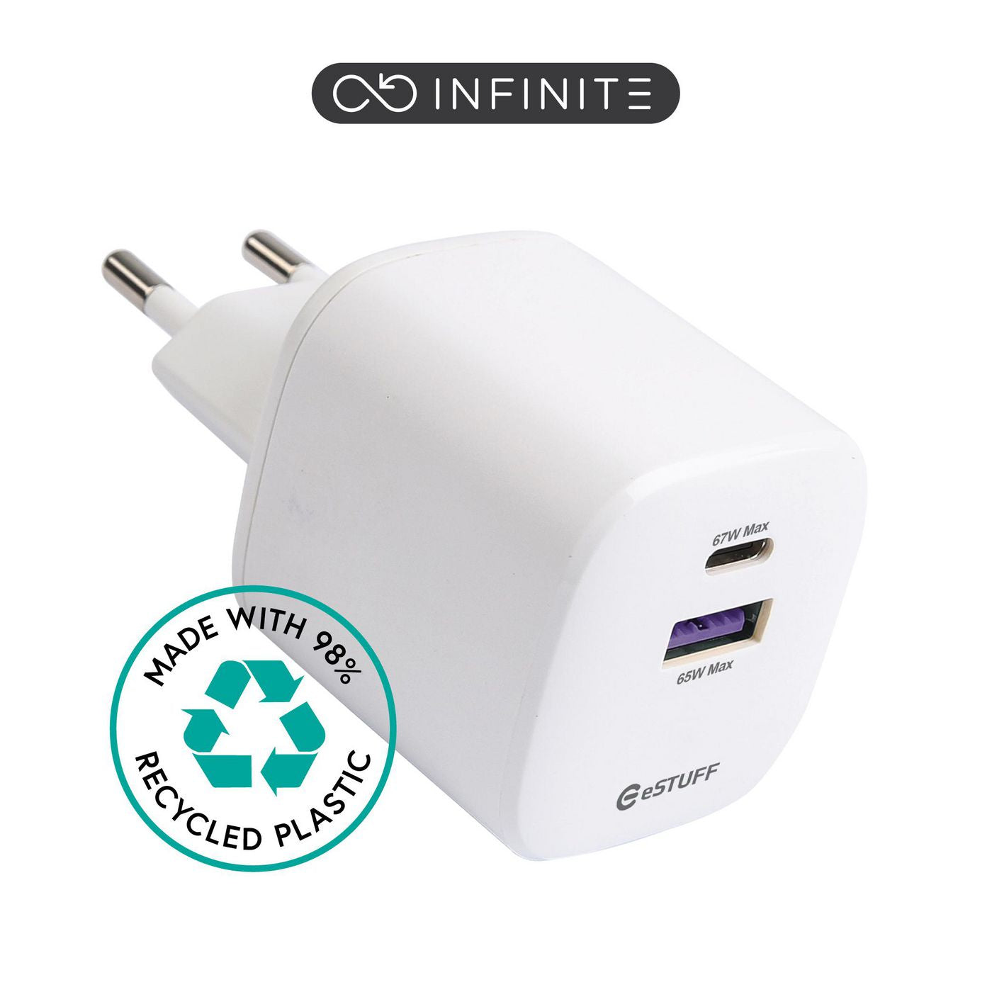 eSTUFF Netzladegerät – 67 W, 1× USB-C, GaN, PD 3.0, Weiss