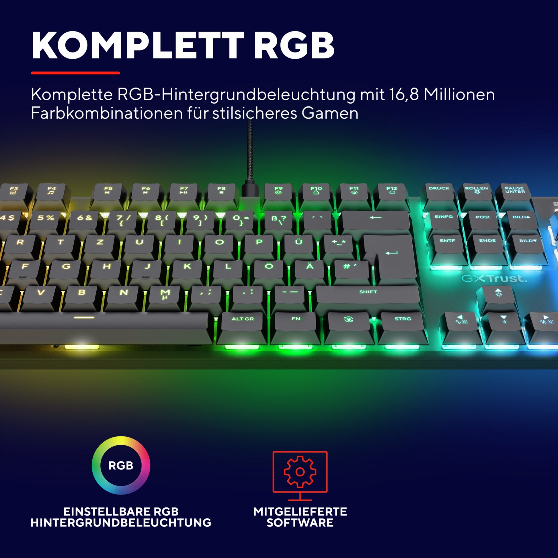 Trust GXT868 Torix – Tastatur, kabelgebunden (USB-A), US-Layout (EN), Fullsize (mit Ziffernblock), mechanisch