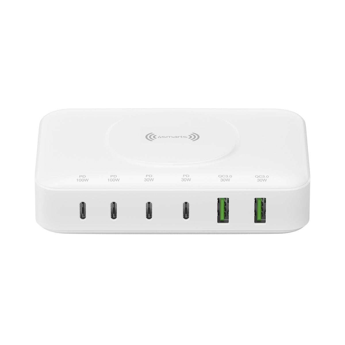 4smarts Ladestation – 2× USB-C (30 W) + 4× USB-A, Qi, GaN – für Qi-kompatible Geräte