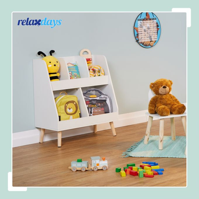 Relaxdays Kinderregal – 5 Böden – 60,0 × 30,0 × 66,0 cm – 25 kg – weiss/hellbraun – Faserplatte, Holz – 1 Stk.