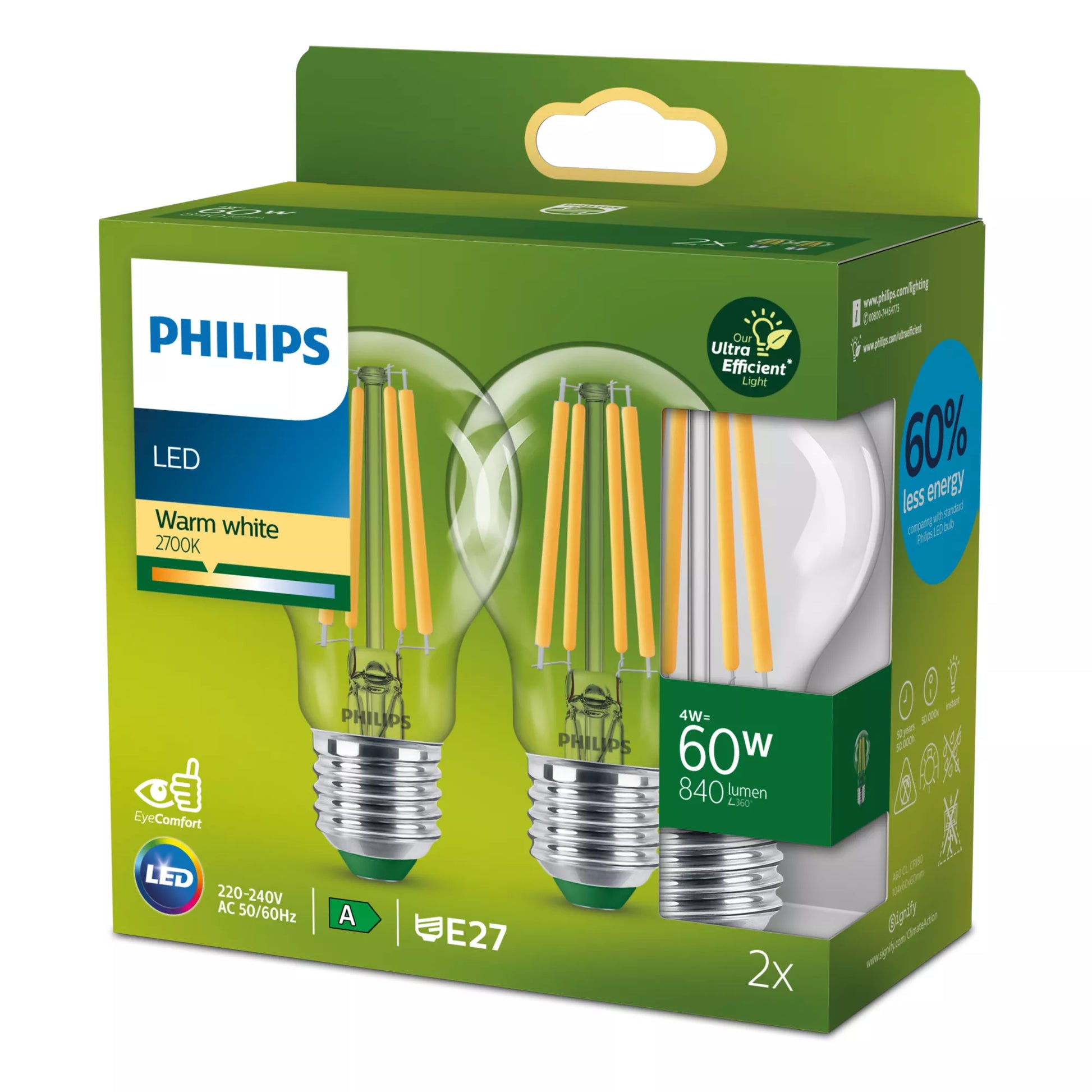 Philips by Signify Philips Leuchtmittel E27 A-Form – 840 lm, 4 W, Warmweiss 2700 K