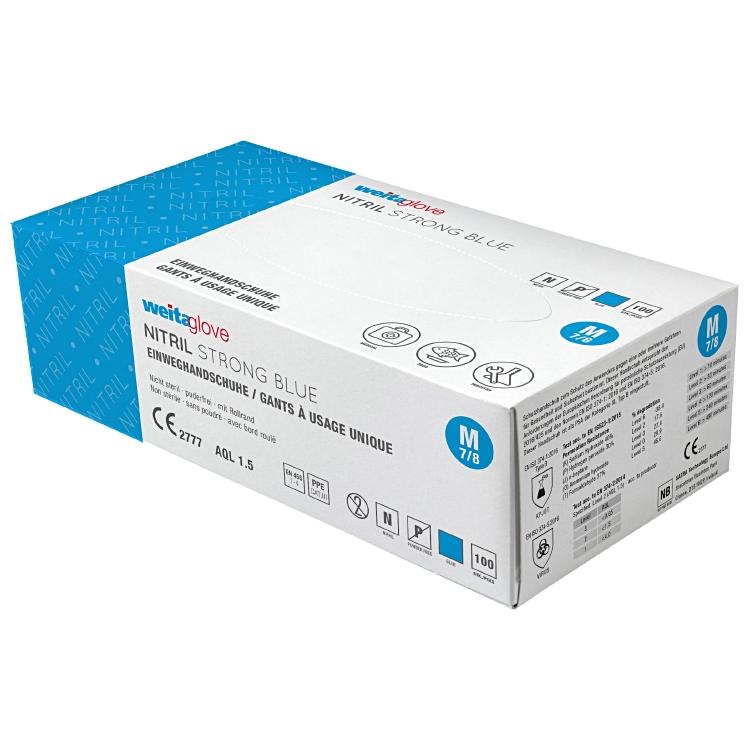 Weitaglove Einweghandschuhe Nitril, Strong – M, 100 Stück – Blau, EN ISO 374-1 Typ C