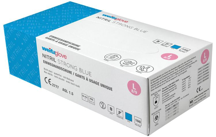 Weitaglove Einweghandschuhe Nitril Strong Blue – L, 100 Stück – Blau, EN ISO 374-1 Typ C, puderfrei
