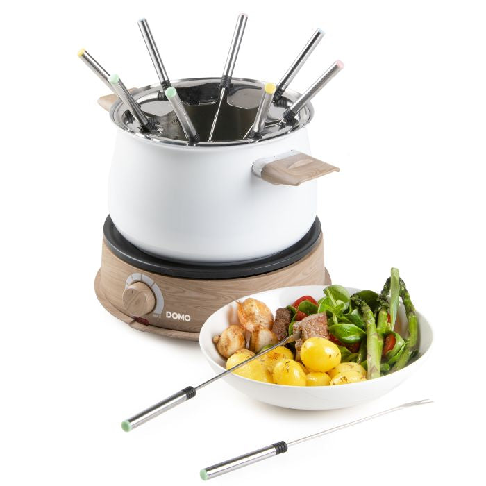 Domo Fondue-Set DO736F – Edelstahl, 2 l, 8 Gabeln, elektrisch – weiss/Holz