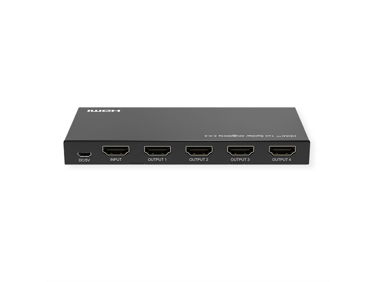 VALUE HDMI-Splitter, 1× HDMI Eingang / 4× HDMI Ausgänge, 4K@60 Hz, HDR, HDCP 2.2, EDID, Schwarz