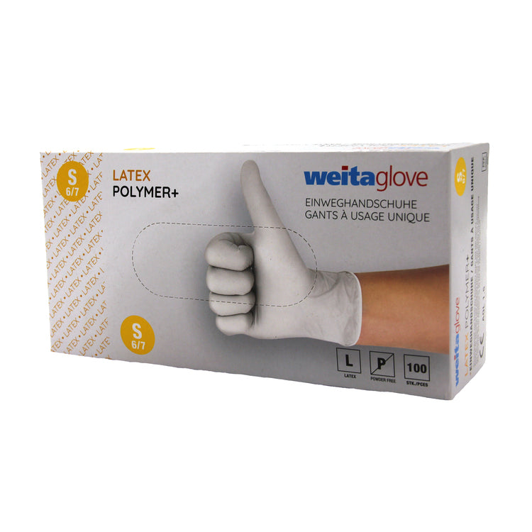 Weitaglove Einweghandschuhe Latex Polymer – S, 100 Stück – Weiss, puderfrei, AQL 1,5