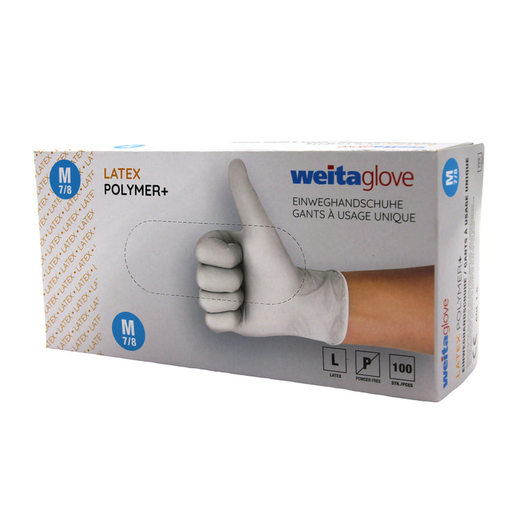 Weitaglove Einweghandschuhe Latex Polymer + – M, 100 Stück – Weiss, puderfrei, AQL 1,5