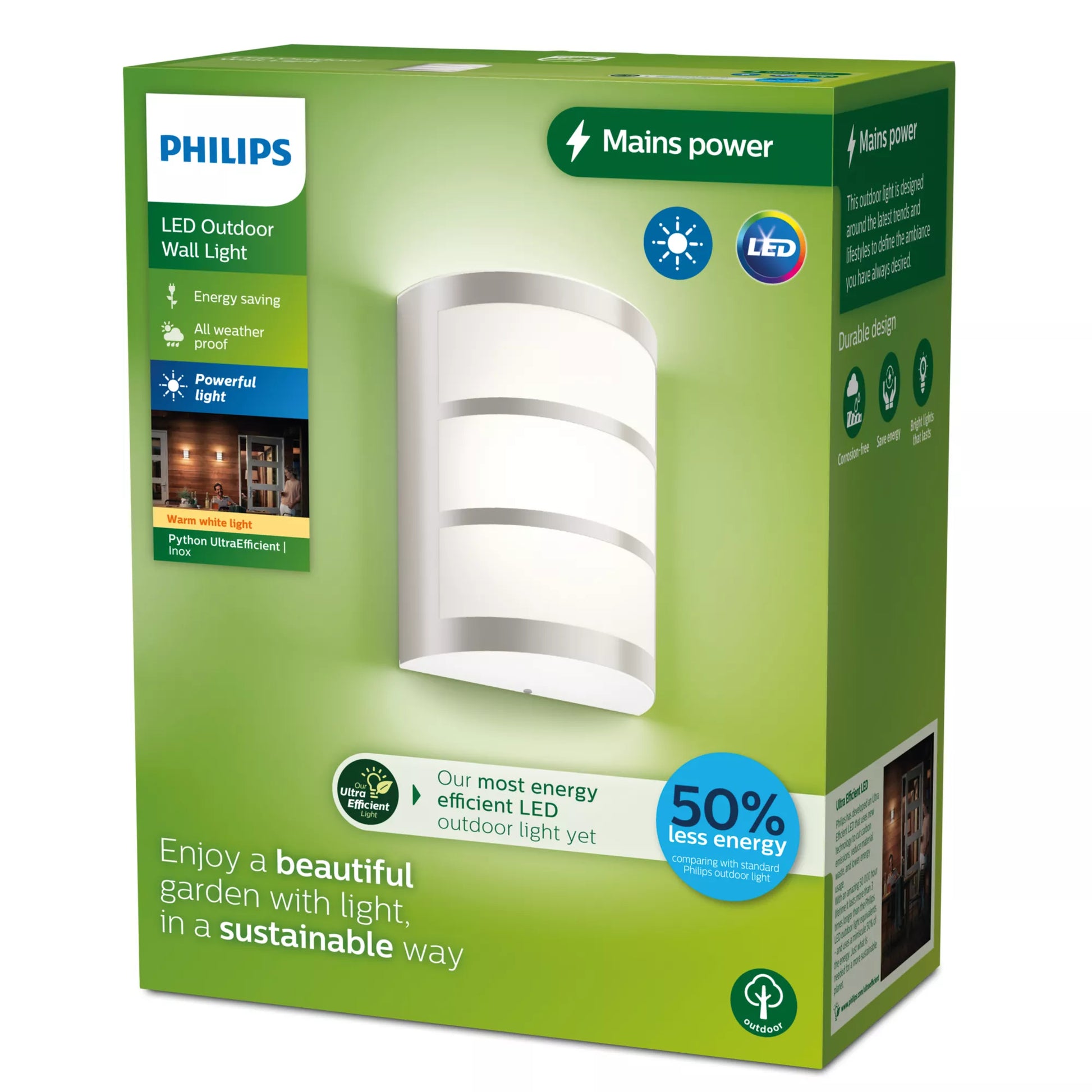 Philips by Signify Philips Aussenwandleuchte – 800 lm, 3,8 W – Warmweiss, 2700 K – IP44 – Netzbetrieb – Silber, Edelstahl