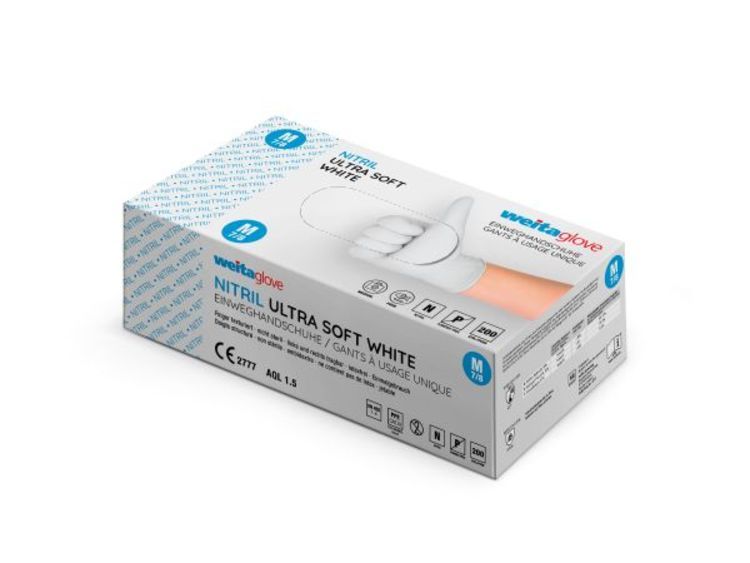 Weitaglove Einweghandschuhe Nitril, Ultra Soft – M, 200 Stück – Weiss, EN 455, EN 374-1 Typ B