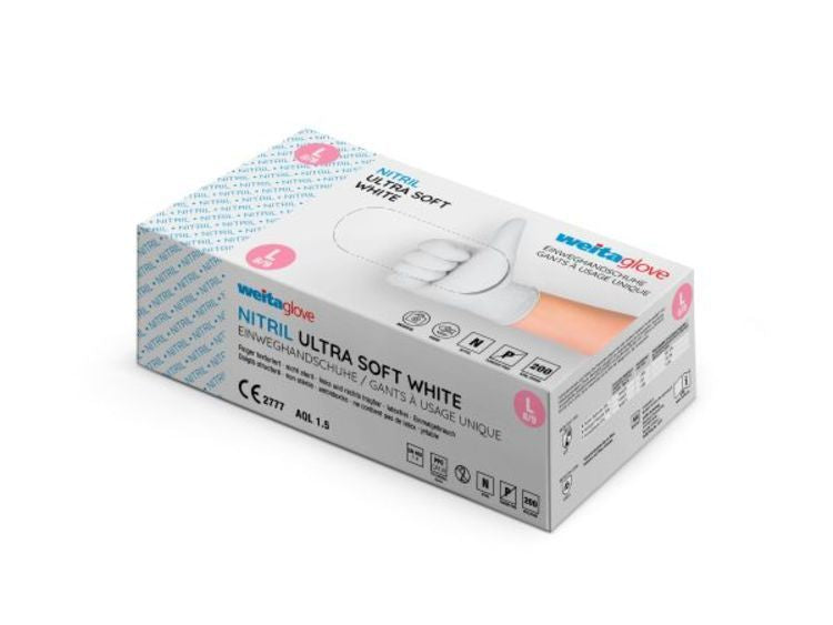 Weitaglove Einweghandschuhe Nitril – L, 200 Stück – Weiss, EN 455, EN 374-1 Typ B