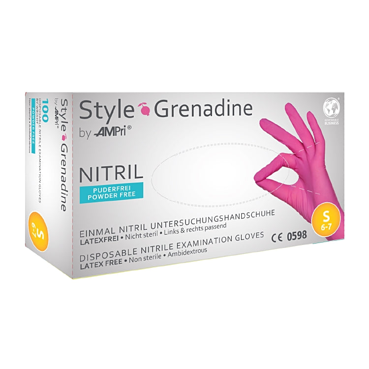 Ampri Einweghandschuhe Nitril, STYLE – S, 100 Stück – Pink/Grenadine, EN 374, EN 455, puderfrei
