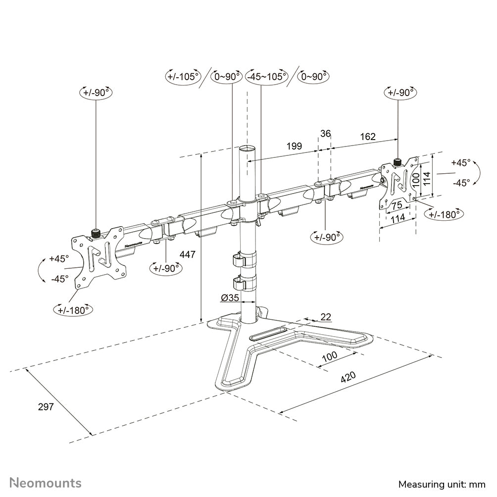 Neomounts DS45-600BL2 – Monitor-Tischständer – 2 Monitore – 10–32" – VESA 75×75/100×100 mm – bis 6 kg/Monitor