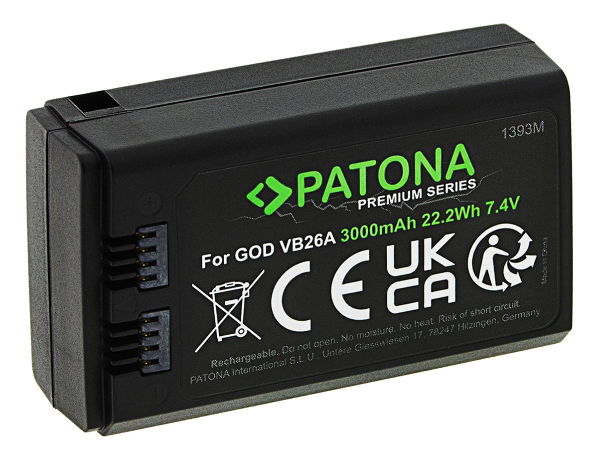 PATONA VB26 Akku – 3000 mAh, 7,4 V, 22,2 Wh Li-Ion – für Godox VB26, VB26A, V1 und andere