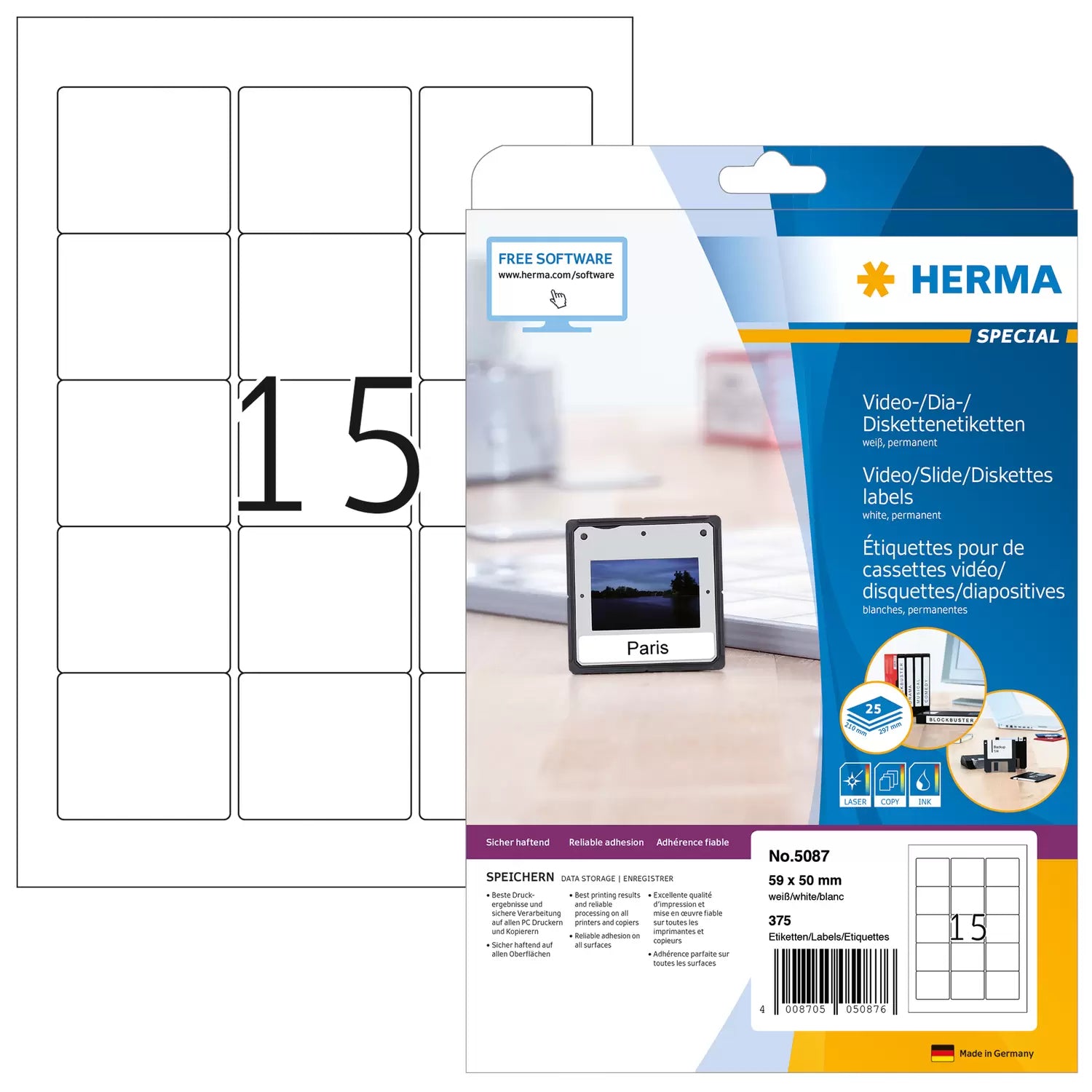 HERMA Drucketiketten, 59 mm × 50 mm, weiss, Papier, permanent, 25 Blatt (375 Etiketten)