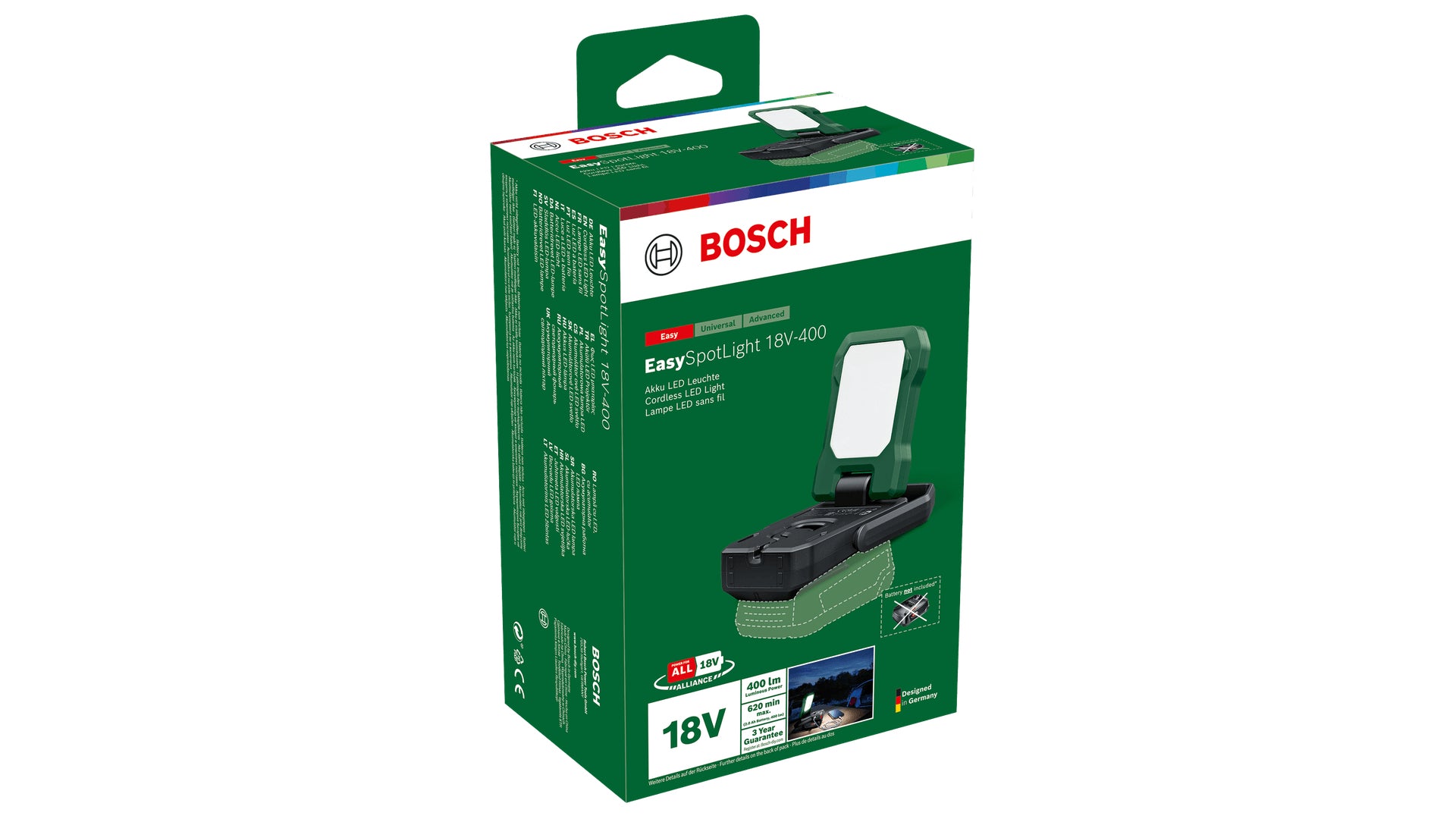 Bosch Taschenlampe EasySpotLight 18V-400 – 400 lm, IP30, 3-Stufen-Dimmer, USB – Grün