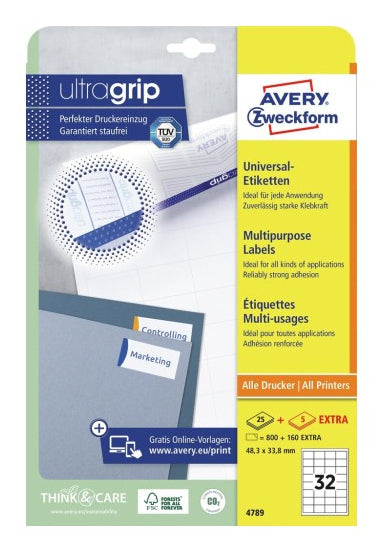 Avery 4789 – Etiketten A4 48 × 34 mm – weiss – permanent haftend – Laser/Inkjet – 30 Blätter (960 Stk.)