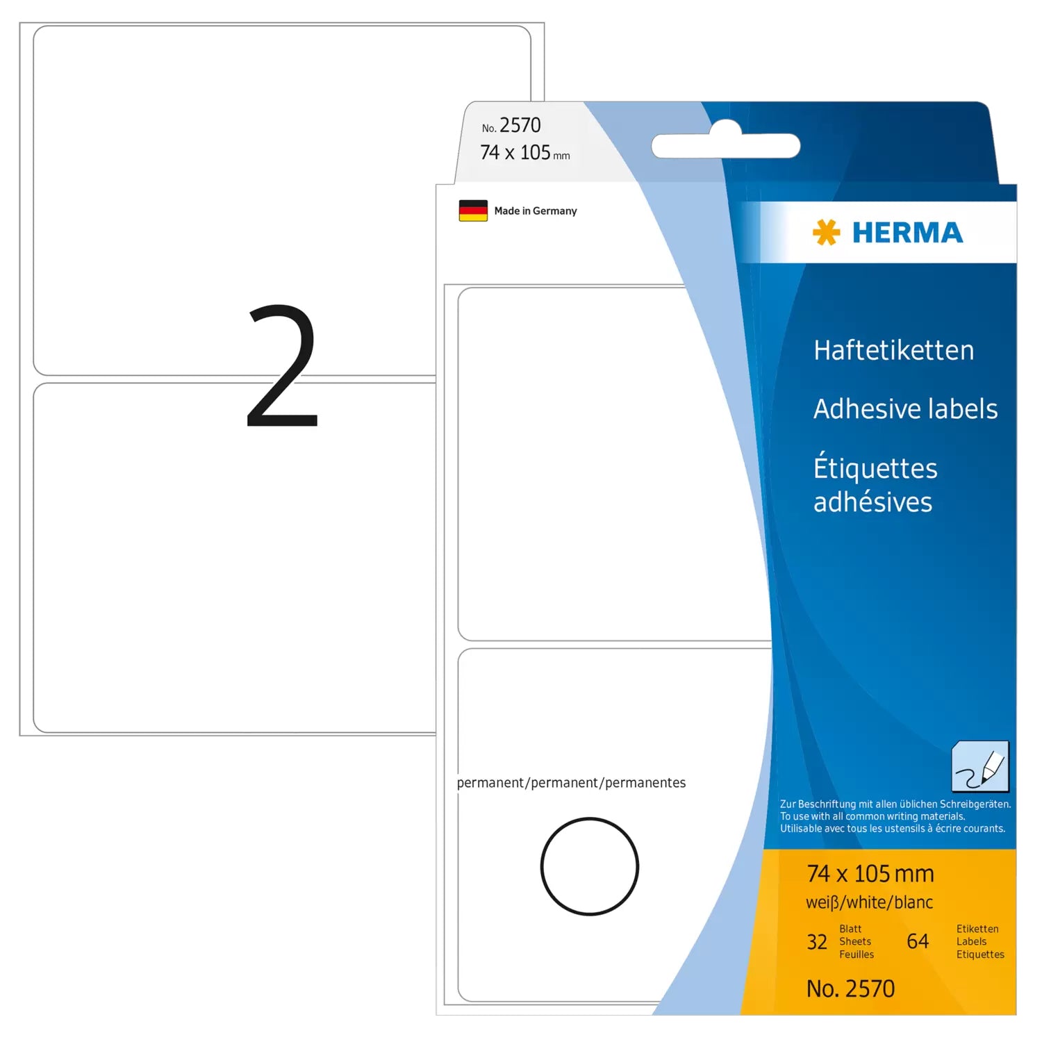 HERMA Schuletiketten – 74 × 105 mm, Abgerundete Ecken, 64 Stk, 32 Bogen, Papier, Permanent Haftend