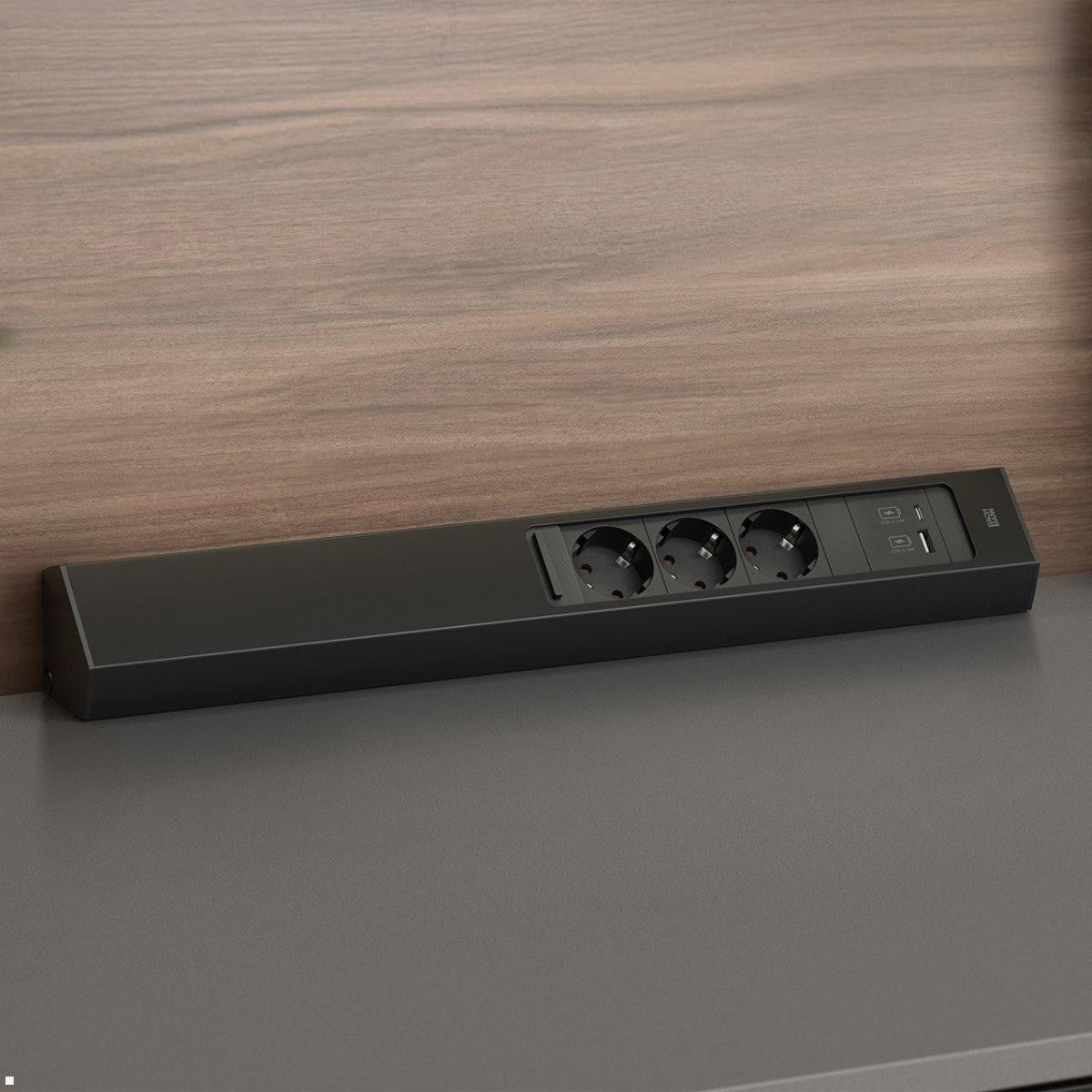 Bachmann CASIA 2 Steckdosenleiste 3×Schutzkontakt – USB‑C×1, USB‑A×1, 22 W PD 3.1 – 2 m Kabel – Schwarz