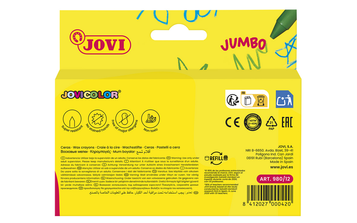 Jovi Jumbo Wachsmalstifte – 12 Farben, Karton