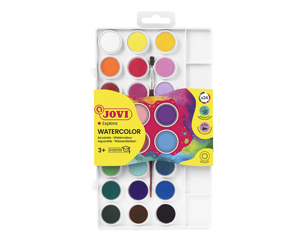 Jovi Aquarellkasten – Mehrfarbig – 24 Farben, Kunststoffkasten, inkl. Pinsel – für Papier