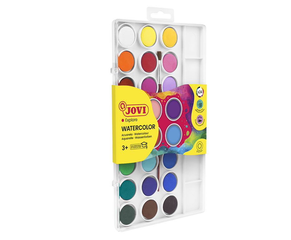 Jovi Aquarellkasten – Mehrfarbig – 24 Farben, Kunststoffkasten, inkl. Pinsel – für Papier